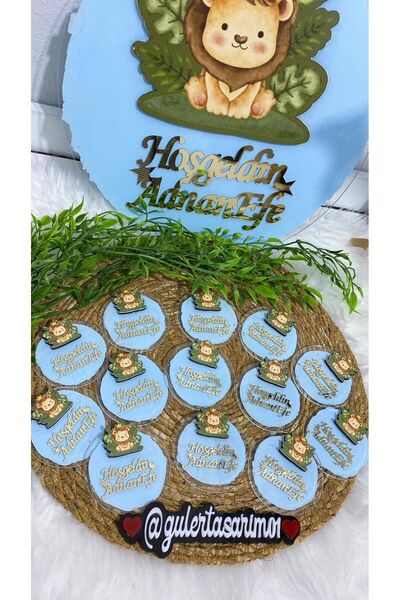 Güler Kaligrafi İSME ÖZEL ASLAN FİGÜRLÜ 20 ADET BEBEK MAGNETİ, 1 ADET KAPI SÜSÜ