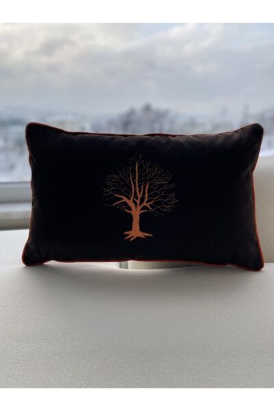 Ayşika home Siyah Kadife Üzeri Turuncu Ağaç Nakışlı Yastık Kılıfı Kırlent