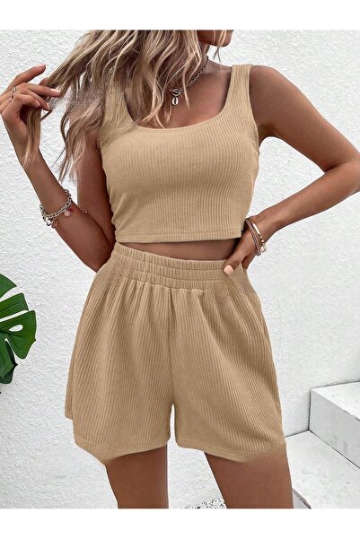 over head oh Set crop top și pantaloni scurți cu nervuri pentru femei de culo...