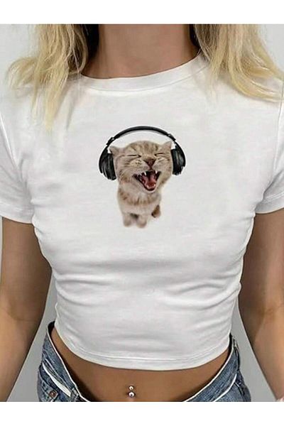 Bengi Clothing Λευκό εμπριμέ γυναικείο Crop Top - Y2k κοντομάνικη μπλούζα