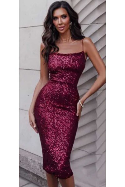 hilaltrendd Askılı yırtmaç detaylı pulpayet kalem elbise