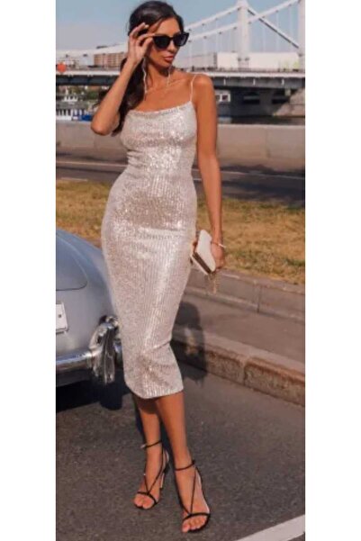 hilaltrendd Askılı yırtmaç detaylı pulpayet kalem elbise