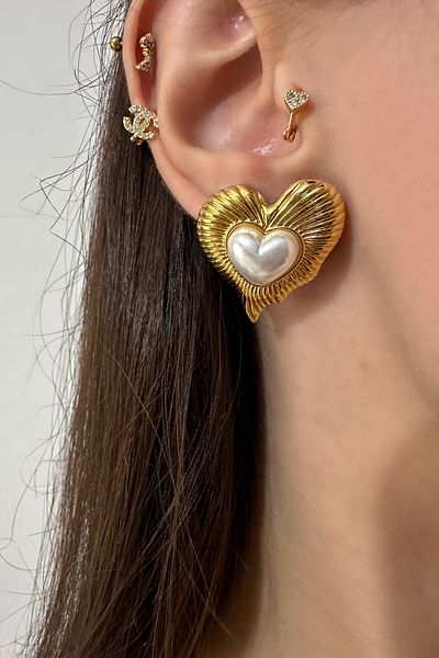 Okko Store Steel Pearl Model Heart Earrings