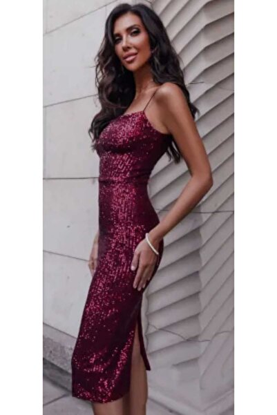 hilaltrendd Askılı yırtmaç detaylı pulpayet kalem elbise