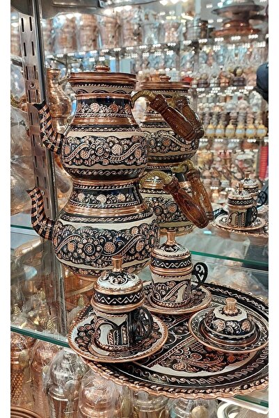 Bakır Center طقم مهر مكون من قطعتين - طقم قهوة تركية بكوب نحاسي وإبريق شاي لشخصين