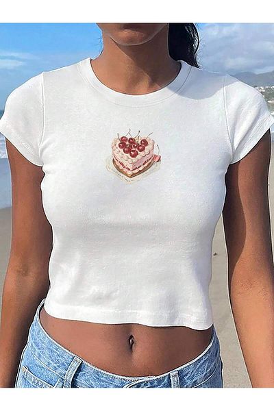 Bengi Clothing Λευκό εμπριμέ γυναικείο Crop Top - Y2k κοντομάνικη μπλούζα
