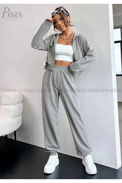 Pear Wear Women's - Hooded Crop Cardigan and Jogger Tracksuit Set of 2