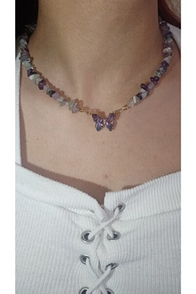 Mudita Tasarım Orijinal Doğal Kırık Florit Taşı Lila Kelebekli Kolye