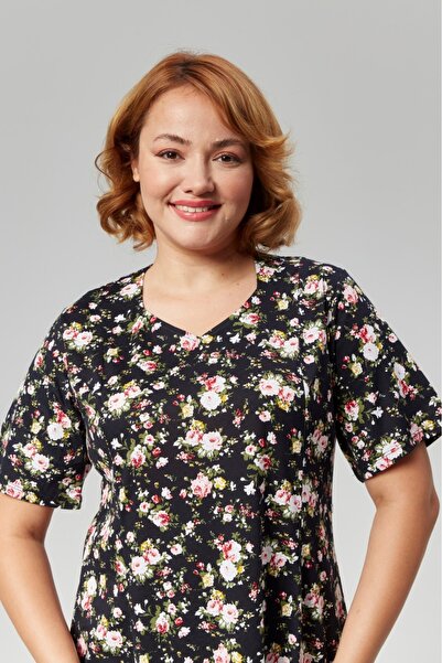 Nehir tekstil Πεντάγωνο γιακά Κομμάτι ραμμένο μισό μανίκι συν μέγεθος βαμβακερό χτενισμένο φόρεμα