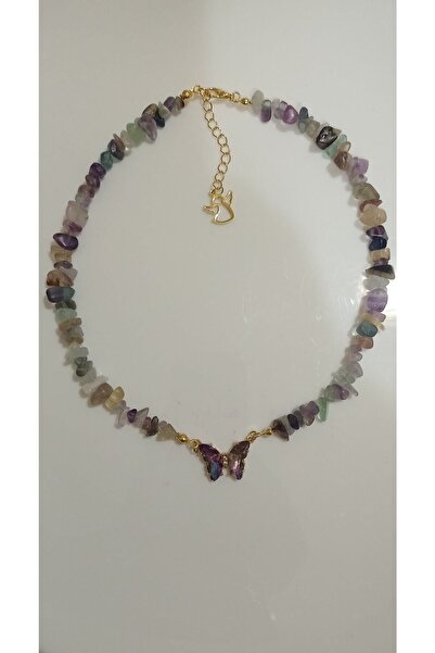 Mudita Tasarım Orijinal Doğal Kırık Florit Taşı Lila Kelebekli Kolye