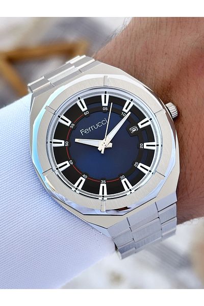 Ferrucci men's Wristwatch - Special DesiGn, with Calendar, Silver-navy Color, Waterproof Steel Cord