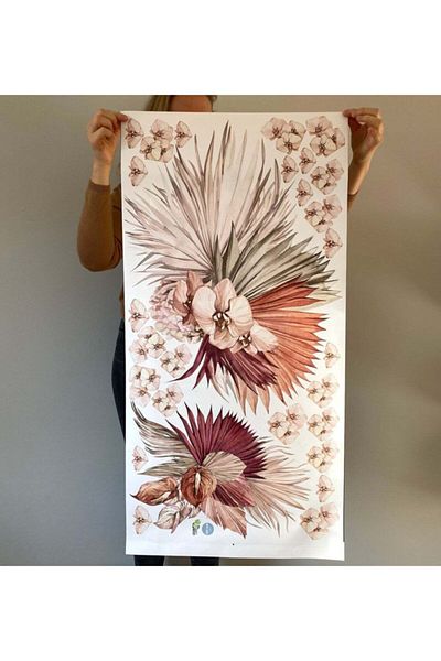 Kt Grup Boho Leaves and Flying Daisies Modern Wall Sticker Set
