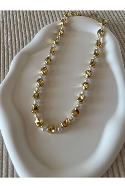 İlayda illys Gold Dalgalı Boru Plaka İnci Detaylı Hafif Çelik Kolye