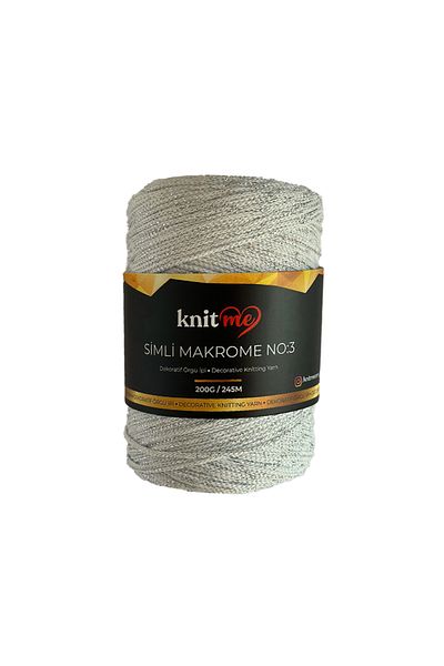 knitme 200 g Πλεκτό Μακραμέ - 3 mm Πολυεστέρας, Ασημί και Λευκό-Ασημί νήμα