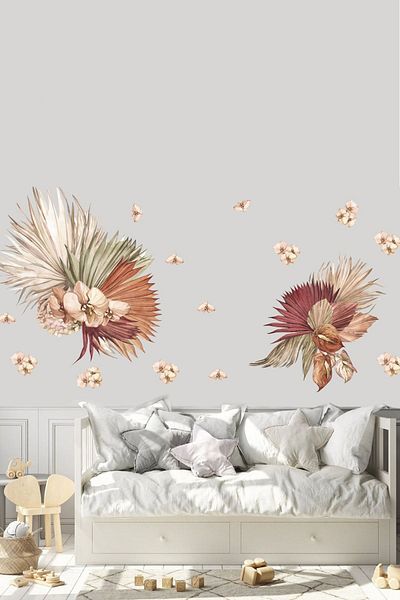 Kt Grup Boho Leaves and Flying Daisies Modern Wall Sticker Set