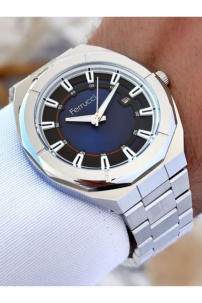 Ferrucci men's Wristwatch - Special DesiGn, with Calendar, Silver-navy Color, Waterproof Steel Cord