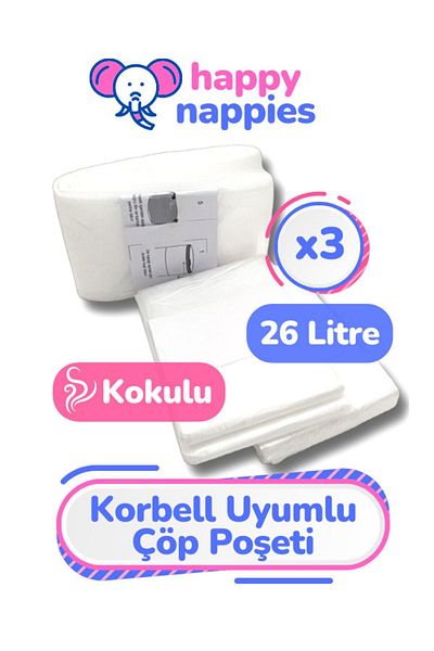HappyNappies Korbell 26lt Compatible Domestic Baby Diaper Waste Bag - 3 Pack - 2100 Diapers Capacity