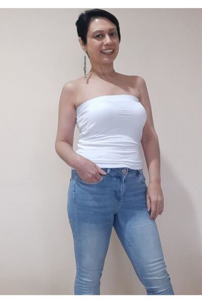 Mertcan Butik White Strapless Long Size Combed Cotton Viscose Tank Top Badi