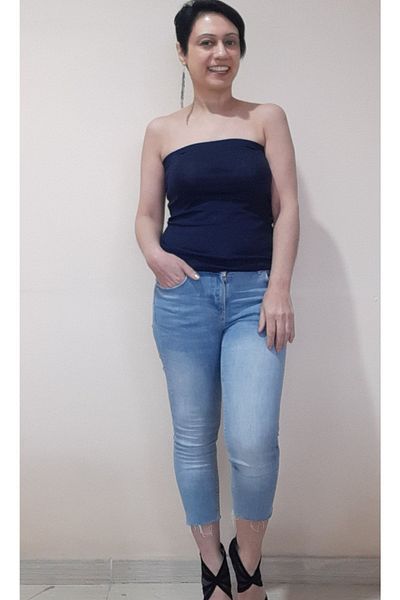 Mertcan Butik Navy Blue Strapless Long Size Combed Cotton Viscose Tank Top Badi