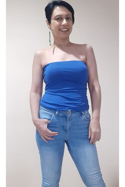 Mertcan Butik Blue Strapless Long Size Combed Cotton Viscose Tank Top Badi