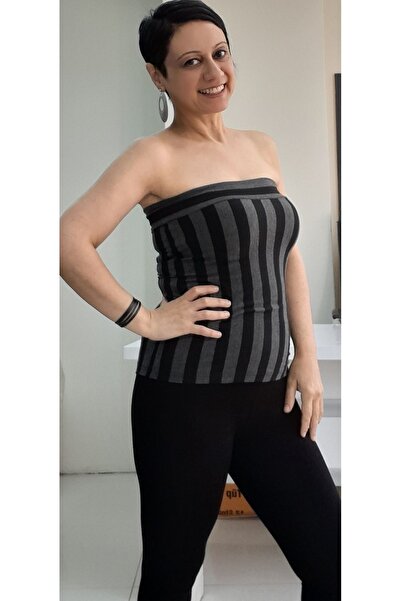 Mertcan Butik Strapless Black Smoked Striped Viscose Badi T-Shirt