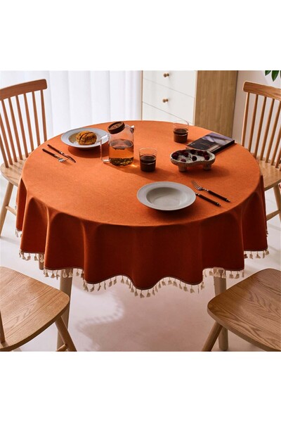 Meral Kurşun Collection Brick Color Round Tablecloth - Fringe Tufted, Liquid ...