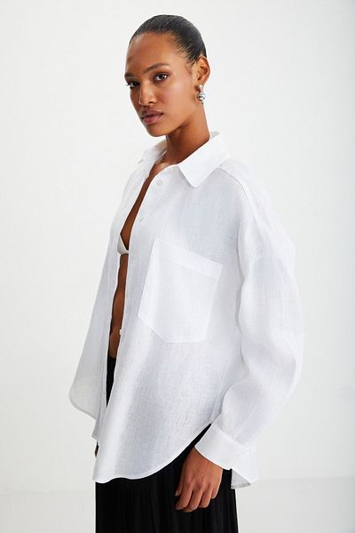 GRIMELANGE Gaia Women's White Shirt - 100% Linen, Long Sleeve, Single Pocket, Oversize Fit