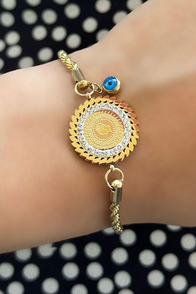 TAKIŞTIR Gold Color Quarter Figured Evil Eye Bead Detailed Steel Bracelet
