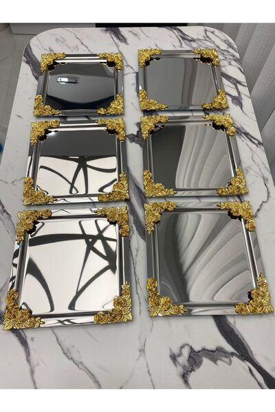 Aslı Hediyelik 6'lı Lüx 4 Köşesi Gold Çiçekli Kare Gümüş Kaplama Model Çay,kahve,ikram Servis Sunum Tepsisi 21x21