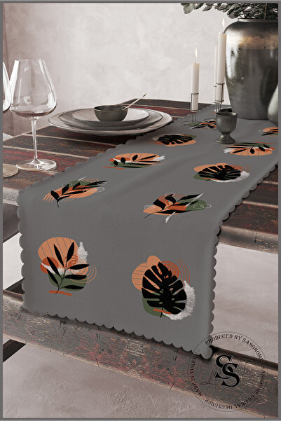 Saso Gri Zemin Üzerine Sürreal Siyah Yapraklar Desenli Dijital Baskılı Kadife...