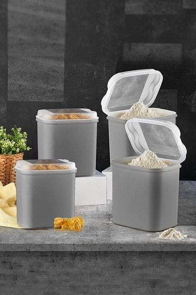 VİP AHMET 4 Pcs 4.5 Liter Vi̇pahmet Masal Series Gray Color Flour and Grain Storage Container