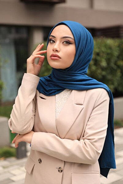 Organic Scarfs Μοντέλο Hijab Hijab Χτενισμένο Βαμβακερό Σάλι - Μπλε Βενζίνη