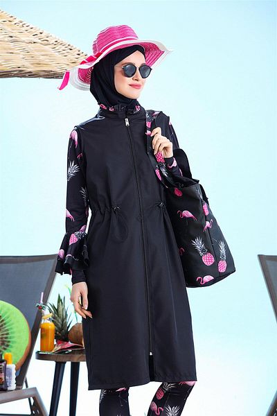 Moodbasic Flamingo Patterned Black Hijab Swimsuit - Women's Swimwear 3570