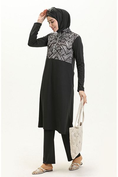 sefamerve Schwarz gemusterter Hijab-Badeanzug – 2313-01