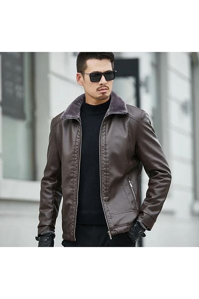 NYC GİYİM TEKSTİL Brown Men's Coat - Genuine Sheep, Fur Collar