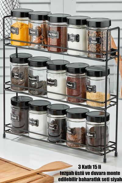 vipgross 3 Katlı Metal Stantlı 15'li Yuvarlak Cam Kavanoz Seti, 3 Katlı 15'li Baharatlık Takımı