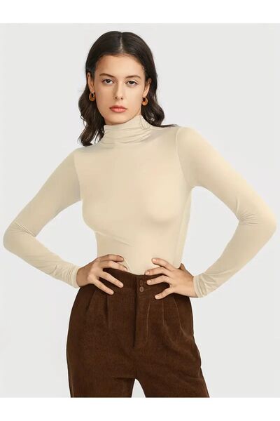 PARLAMARRY Kadın Yazlık Bej Uzunkollu Likralı Yarım Boğazlı Body