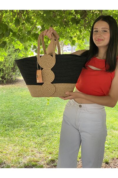 ModaCardin Geantă de plajă și de umăr - Geantă de mână cu aspect de paie de iută