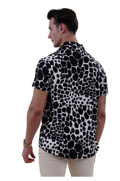 Exve Exclusive Cămașă largi cu mânecă scurtă, cu model de design abstract, alb-negru, imprimeu digital, cu croială confortabilă