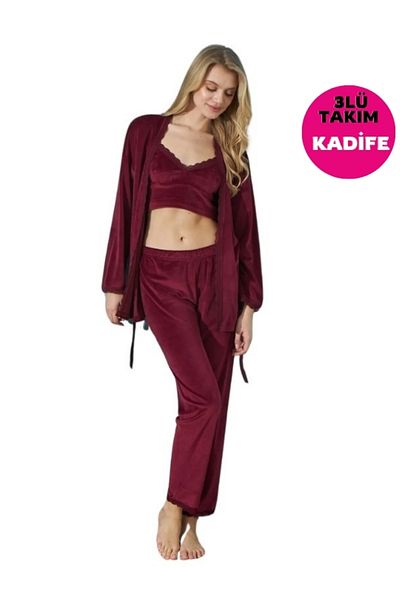 bie's Burgundy Velvet Pajama Set - Crop Cut, Rope Strap, Lace Detail, Long Sleeve and Dressing Gown Set (3 Pieces Set)