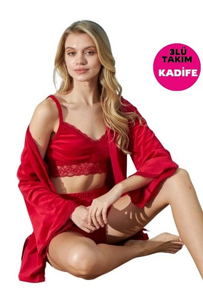 bie's Red Velvet Pajama Set - Crop Shorts, Rope Strap, Lace Detail, Long Sleeve and Morning Gowns