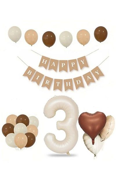 asöy Retro 3 Year Old Birthday Set - Cream 3 Number Foil, Banner, Heart Foil and Latex Balloon