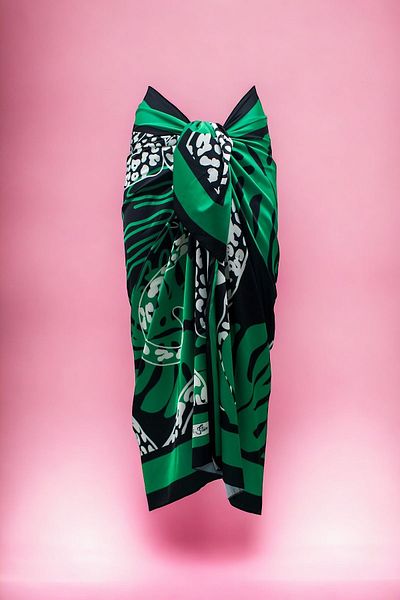 pistore Green and White SatinPareo- Lion Face and Panel Pattern, Long Beach Dress, New Season