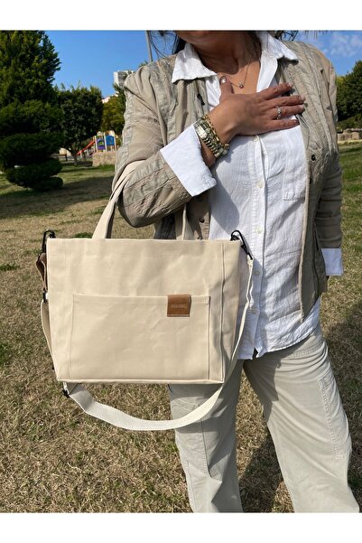 zibarru حقيبة كتف وحقيبة يد نسائية من القماش المشمع بلون كريمي