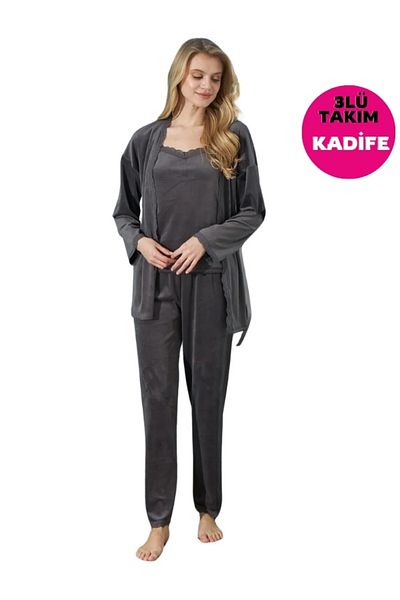 bie's Set de pijamale și halate din catifea din dantelă gri cu curea de frânghie - Set de zestre din 3 piese