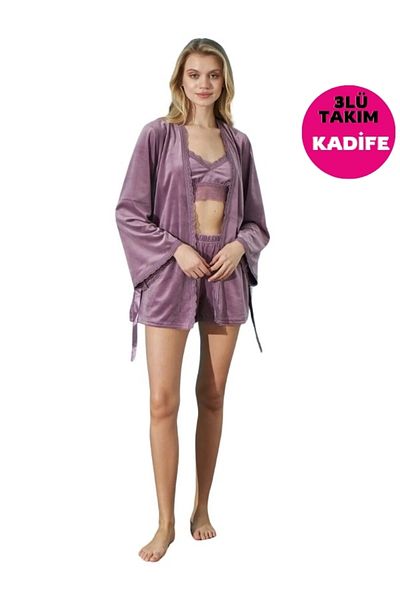 bie's Lilac Velvet Pajama Set - Crop Shorts, Rope Strap, Lace Detailed, Long Sleeve and Morning Gowns
