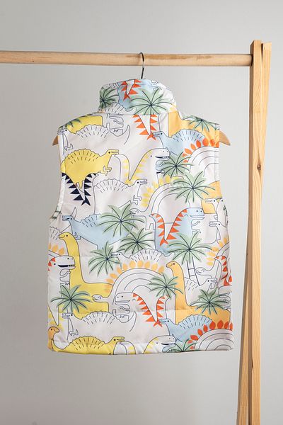 MAİBELLA White Dinosaur Patterned Zippered Unisex Inflatable Vest Functional and Stylish