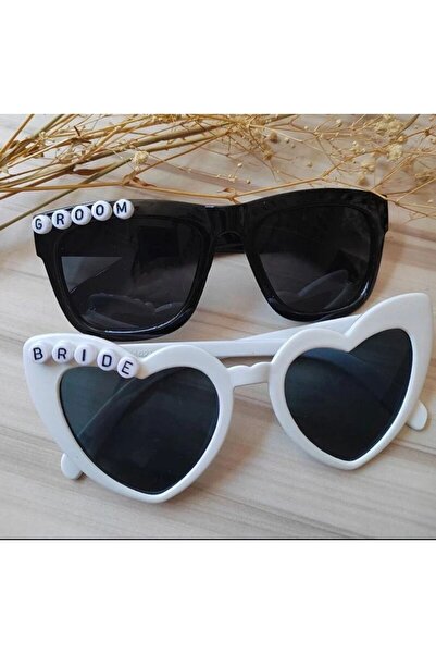 Çemrek Süs Parti Bride and Groom Glasses - White Heart Bridal Glasses Black G...