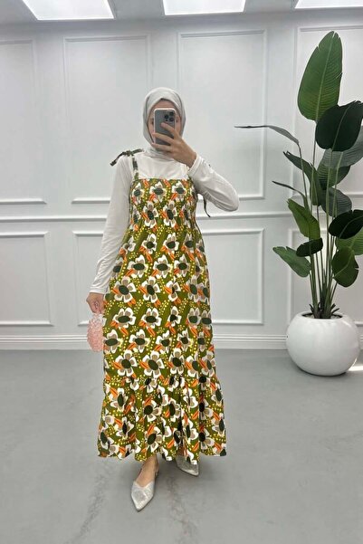 Blue Trend KADIN İP ASKILI ÇİÇEKLİ DESENLİ ELBİSE