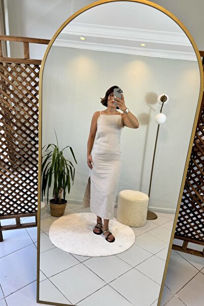 Bucle By Gizem Keten Sırt Dekolteli Midi Yırtmaçlı Elbise Bej